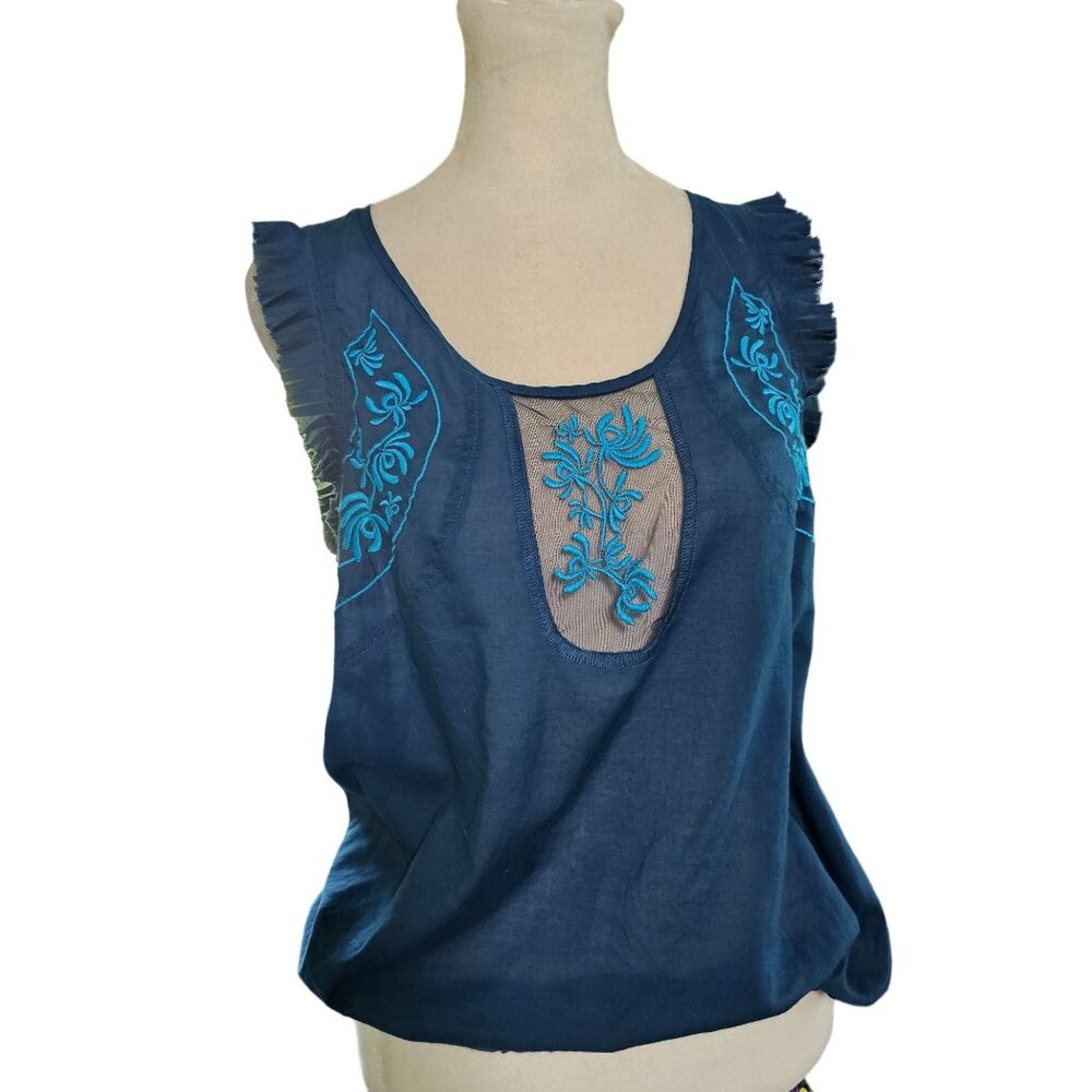 Free People Blue Short Sleeved Top Mesh Embroidery size Small